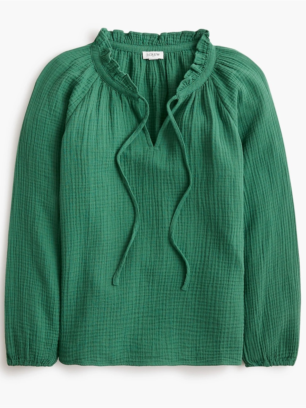 J. Crew Gauze Green Ruffle-Neck Long-Sleeve Balloon Sleeve Tie Neck Blouse L NWT